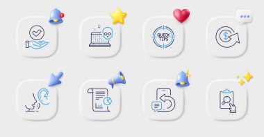 Fısıltı, Dolar değişimi ve telefon hattı simgeleri. 3D zilli düğmeler, sohbet konuşması, imleç. Teftiş Paketi, Siber saldırı, rapor simgesi. Bahşiş, onaylanmış onay kutucuğu resmi. Vektör