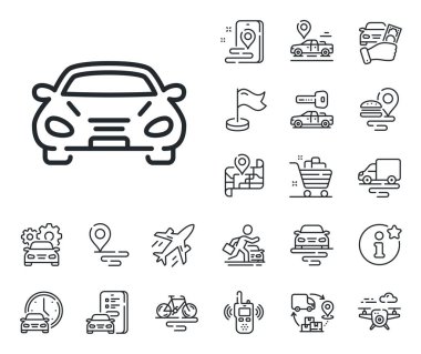 Nakliye aracı işareti. Uçak, tedarik zinciri ve konum belirleme simgeleri. Araba taşıma hattı simgesi. Sürücü sembolü. Araba çizgisi işareti. Taksi nakliyesi, bisiklet ikonu kiralama. Seyahat haritası. Vektör