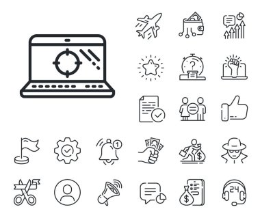 Arama motoru optimizasyon işareti. Maaşlı çalışan, cinsiyet eşitliği ve alarm çanı taslak simgeleri. Seo dizüstü bilgisayar hattı simgesi. Hedef sembolünü hedef al. Seo dizüstü bilgisayar hattı işareti. Casus ya da profil tutucu simgesi. Vektör