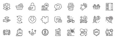 Silme işlemi, Spf koruması ve uygulama için Bitcoin proje simgeleri gibi simgeler güvenli zaman, Güneş koruması, Güçlendirilmiş gerçeklik ana hatları ince simge web seti içerir. Kilit. Vektör