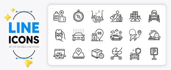 Delivery Timer Car Wash Car Travel Line Icons Set App — Stock Vector