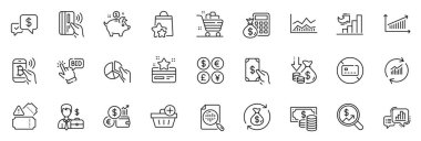 Para olarak simgeler paketlenir, uygulama için Ödeme alınır ve Temassız ödeme çizgisi simgeleri Sikkeler banknotu, Pasta çizelgesi, Bakkal sepeti ince simge web setini içerir. Para birimi oranı. Vektör