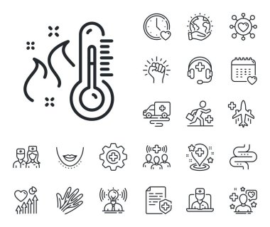 Sıcaklık tanılama işareti. Çevrimiçi doktor, hasta ve ilaç ikonları. Yüksek termometre çizgisi simgesi. Ateş ölçme sembolü. Yüksek termometre işareti. Vektör