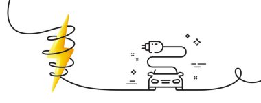 Araba şarj çizgisi simgesi. Kıvrımlı tek bir çizgi. Araç dolgu levhası. Elektrik güç sembolü. Araba şarjı tek şeritli. Enerjiyle döngü eğrisi. Vektör