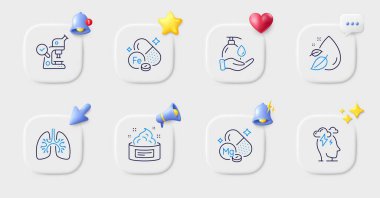 Ellerini yıka, cilt kremi ve Demir Çizgisi simgeleri. 3D zilli düğmeler, sohbet konuşması, imleç. Bir paket akciğer, su damlası, stres ikonu. Magnezyum minerali, mikroskop piktogramı. Web uygulaması için, yazdırma. Vektör