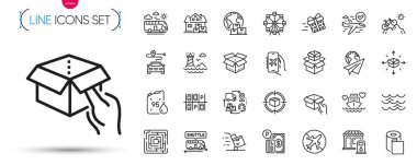 Şu anki teslimat paketi, Balayı gezisi ve benzin bidon hattı simgeleri. Paket teslimatını, duvar kağıdını, deniz feneri resimli resimlerini dahil et. Ev taşıma, servis otobüsü, kağıt uçak işaretleri. Vektör