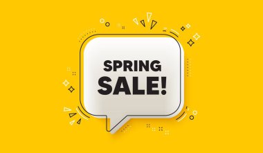 Bahar indirimi etiketi. Üç boyutlu konuşma balonu sarı pankart. Özel fiyat tabelası. Reklam indirimi sembolü. Bahar indirimi sohbet balonu mesajı. Konuşma kutusu bilgi grafikleri. Vektör