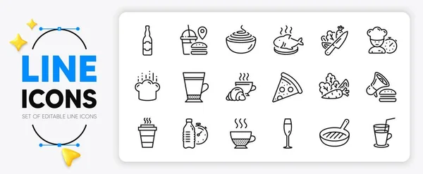 Croissant Beer Bottle Vegetable Line Icons Set App Include Chef — Stock Vector