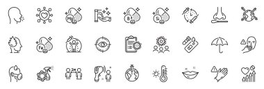 Simgeler Coronavirus, Hasta Adam ve Uygulama için çizgi simgelerine dokunmak için eldiven, Demir, Yıkama, ince simge web setini kapsar. Magnezyum mineral, elektronik termometre. Vektör