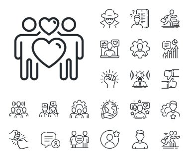 Kalp aşıkları imzası. Uzman, doktor ve iş yarışması ikonları. Aşk çifti çizgisi ikonu. Sevgililer Günü sembolü. Aşk çifti işareti. Avatar yer tutucu, casus vesikalığı ikonu. Vektör