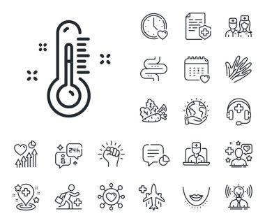 Sıcaklık tanılama işareti. Çevrimiçi doktor, hasta ve ilaç ikonları. Termometre çizgisi simgesi. Ateş ölçme sembolü. Termometre çizgisi işareti. Damarlar, sinirler ve kozmetik işlem ikonu. Vektör