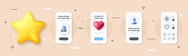 シェア フェイスId 投票ラインアイコンパック 3Dベル スター プレースホルダー付きの電話スクリーンモックアップ ユーザー通知 賞アプリのWebアイコン 心臓標的 壊れた心臓のピクトグラム — ストックベクタ