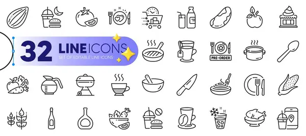 Outline Set Romantic Dinner Coffee Cup Spoon Line Icons Web — Stock Vector