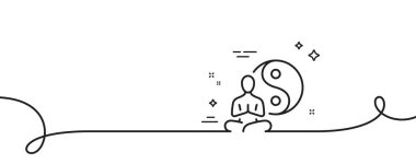 Yoga çizgisi simgesi. Kıvrımlı tek bir çizgi. Meditasyon poz işareti. Vücut ve zihin sembolünü gevşet. Yoga tek hatlı şerit. Döngü eğrisi modeli. Vektör