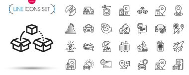 Bir paket karton kutu, araba incelemesi ve araba güvenliği simgeleri. Journey, Carry-on bagaj, uçak resim ikonları dahil. Paket nakliyat, pasaport, taksi işaretleri. Teslimat sigortası. Vektör