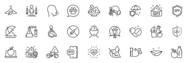 Cilt kremi olarak simgeler, uygulamalar için Yaprak çiğ ve Hayvan bakım hattı simgeleri arasında acil durum çağrısı, tıbbi haplar, öksürük için ince simge web seti yer alıyor. Şemsiye, Spf koruması, salata resmi. Vektör