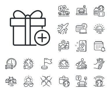 Hediye ya da indirim tabelası. Uçak jeti, seyahat haritası ve bagaj teslim ikonları. Hediye kutusu satırı simgesi ekle. Doğum günü alışveriş sembolü. Hediye paketinde paket var. Hediye hattı tabelası ekle. Vektör