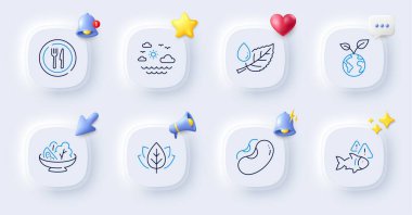 Salata, Gıda ve Kaydet gezegen çizgisi simgeleri. 3D zilli düğmeler, sohbet konuşması, imleç. Bir paket seyahat denizi, organik test, Yaprak çiğ ikonu. Fish, Fasulye grafiği. Web uygulaması için, yazdırma. Vektör