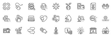 Dondurma, yapboz oyunu ve uygulama için Seo vites satırı simgeleri arasında mühendislik belgeleri, konuşma balonu, arama çalışanı özeti ince simge web seti yer alıyor. Güneş yok, sikke yok, balkon resmi yok. Vektör