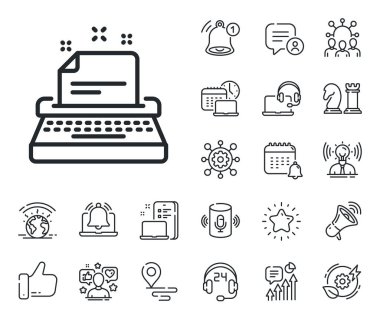 Belge imzası. Konum, teknoloji ve akıllı hoparlörler ikonları yerleştirin. Daktilo hattı simgesi. Daktilo hattı işareti. Etkileyici, marka büyükelçisi ikonu. Destek, online teklif. Vektör