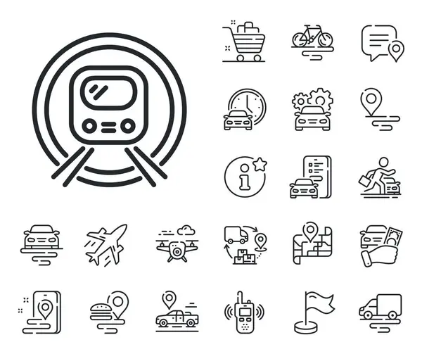 Public underground transportation sign. Plane, supply chain and place location outline icons. Metro subway transport line icon. Metro subway line sign. Taxi transport, rent a bike icon. Vector