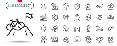 Kalkan paketi, öksürük ve ultraviyole koruma hattı simgeleri. Bisiklet yolu, adil ticaret, güneş koruma ikonları dahil. Alkolsüz, elektronik termometre, köpek aşılama işaretleri. Vektör