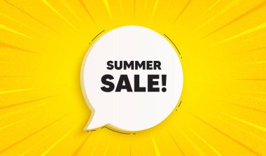 Yaz indirimi etiketi. Konuşma balonu güneş patlaması pankartı. Özel fiyat tabelası. Reklam indirimi sembolü. Yaz indirimi sohbet konuşması mesajı. Sarı güneş arka planda patladı. Vektör
