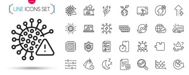 Analitik Paketi, Rapor belgesi ve 5G İnternet hattı simgeleri. İşlemci, dikkat, Coronavirus piktogram simgeleri. Şimşek, Manga, güç işaretleri. Enerji büyüyor. Vektör