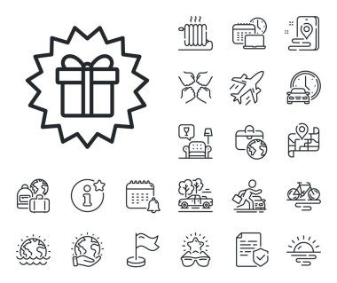 Hediye ya da indirim tabelası. Uçak jeti, seyahat haritası ve bagaj teslim ikonları. Hediye kutusu çizgisi simgesi. Doğum günü alışveriş sembolü. Hediye paketinde paket var. Sürpriz hediye hattı tabelası. Vektör