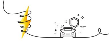 Araba güvenliği simgesi. Kıvrımlı tek bir çizgi. Sigorta kalkanı işareti. Güvenli savunma sembolü. Araba güvenli tek hatlı şerit. Enerjiyle döngü eğrisi. Vektör