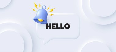 Hoş geldin etiketi. Sohbet baloncuklu neumorfik arka plan. Merhaba davet teklifi. Resmi selamlama mesajı. Merhaba konuşma mesajı. Zilli pankart. Vektör