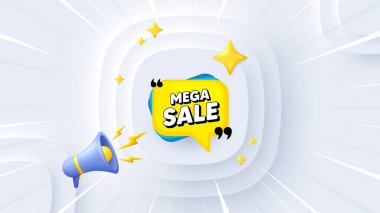Mega satış balonu. Neumorphic teklif 3D afiş, poster. İndirimli afiş şekli. Kupon yapıştırma ikonu. Mega satış tanıtım etkinliği geçmişi. Güneş patlaması afişi, broşür ya da kupon. Vektör