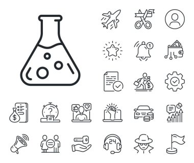 Laboratuvar matarası işareti. Maaşlı çalışan, cinsiyet eşitliği ve alarm çanı taslak simgeleri. Kimya laboratuarı ikonu. Analiz sembolü. Kimya laboratuarı işareti. Casus ya da profil tutucu simgesi. Vektör