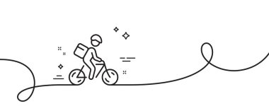 Bisiklet teslimatı ikonu. Kıvrımlı tek bir çizgi. Bisikletli kurye tabelası. Şehir taşıma sembolü. Teslimat motoru taslak şeridi. Döngü eğrisi modeli. Vektör