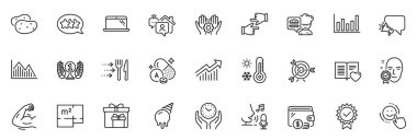 Simgeler uygulama için Tıklama elleri, Şef ve Hedef satırı simgeleri gibi paketlensin Güçlü kol, Gülümse, Kat planı ince simge web setini özetlesin. Yüzü doğrulandı, A vitamini, yemek teslimatı. Vektör