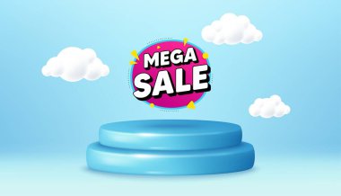 Mega satış balonu. Kazanan podyum 3D tabanı. Ürün kaideyi sunar. İndirimli afiş şekli. Kupon yapıştırma ikonu. Mega satış tanıtım mesajı. Arkaplanda 3 boyutlu bulutlar var. Vektör