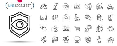 Posta paketi, kamyon teslimatı ve dönüş jest çizgisi simgeleri. Strateji, elektronik bisiklet, teslimat resimli resim ikonları dahil. Patates, Yıldızlar, Çalışan sonuç tabelaları. Gelen posta, Grup. Vektör