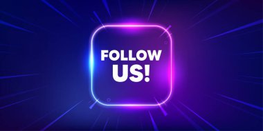 Bizi takip et. Neon ışıklı çerçeve kutusu afişi. Özel teklif işareti. Süper teklif sembolü. Bizi neon ışık çerçeve mesajıyla takip edin. Vektör