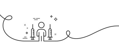 Coronavirus iki enjeksiyon hattı ikonu. Kıvrımlı tek bir çizgi. Corona aşı şırıngası işareti. Kapsamlı yumruk sembolü. Coronavirus enjeksiyonları tek hatlı şerit. Döngü eğrisi modeli. Vektör
