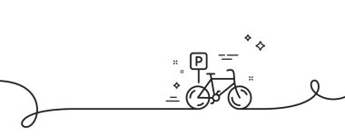 Bisiklet park alanı ikonu. Kıvrımlı tek bir çizgi. Bisiklet parkı tabelası. Toplu taşıma yeri sembolü. Bisiklet parkı, tek şeritli şerit. Döngü eğrisi modeli. Vektör