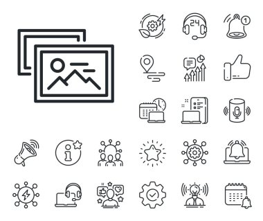 Resim albümü küçük resim işareti. Konum, teknoloji ve akıllı hoparlörler ikonları yerleştirin. Resim çizgisi simgesi. Resim galerisi yer tutucu sembolü. Fotoğraf albümü tabelası. Vektör