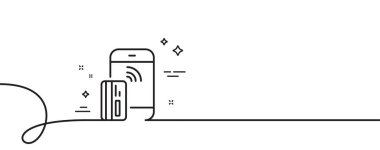 Temassız ödeme kartı simgesi. Kıvrımlı tek bir çizgi. Telefon para işareti. Mobil cihaz sembolü. Temassız ödeme tek taslak şerit. Döngü eğrisi modeli. Vektör