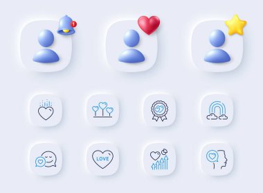 Romantik konuşmalar, Aşk Kalbi ve Gökkuşağı çizgisi simgeleri. 3D zilli, yıldızlı, kalpli bir yer tutucu. Bir paket Flört, Aşk Ödülü, Kalp ikonu. Web uygulaması için, yazdırma. Vektör