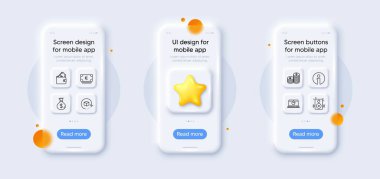 Dönüş paketi, Bilgi ve Hoparlörler satır simgeleri paketi. Yıldızlı 3D telefon modelleri. Cam akıllı telefon ekranı. Para birimi, para çantası, Cüzdan web simgesi. Euro para birimi, Web Love Pictogram. Vektör