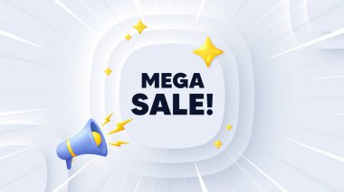 Mega Satış etiketi. Neumorfik afiş ve güneş patlaması. Özel fiyat tabelası. Reklam indirimi sembolü. Mega satış mesajı. 3D megafonlu pankart. Dairesel neumorfik şablon. Vektör