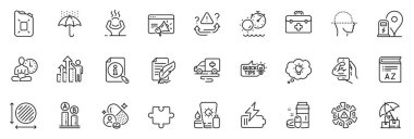 Teslimat sigortası olarak simgeler, uygulama için Bulmaca ve Zor stres çizgisi simgeleri arasında Feather imzası, Yoga, Kutu yağı ana hatları ince ikon web seti yer alıyor. Dikkat, su geçirmez şemsiye. Vektör