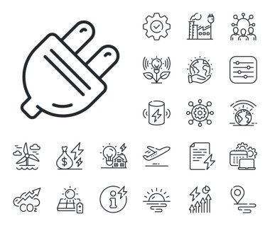 Enerji işareti. Enerji, karbondioksit egzozu ve güneş paneli ikonları. Elektrik dolgu hattı simgesi. Elektrik güç sembolü. Elektrik prizi tabelası. Eko elektrik ya da rüzgar gücü ikonu. Yeşil gezegen. Vektör