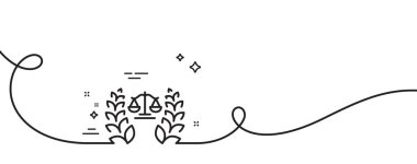 Adalet pulları çizgi ikonu. Kıvrımlı tek bir çizgi. Yargıç Laurel çelenk işareti. Hukuk hukuku sembolü. Adalet terazisi tek şeritli. Döngü eğrisi modeli. Vektör