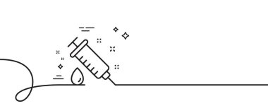 Tıbbi şırınga çizgisi ikonu. Kıvrımlı tek bir çizgi. İlaç aşısı işareti var. Eczane ilaç sembolü. Tıbbi şırınga tek ana hatlı kurdele. Döngü eğrisi modeli. Vektör