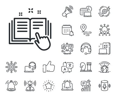 Talimat işareti. Konum, teknoloji ve akıllı hoparlörler ikonları yerleştirin. Teknik belge çizgisi simgesi. Teknik belge çizgisi işareti. Etkileyici, marka büyükelçisi ikonu. Vektör